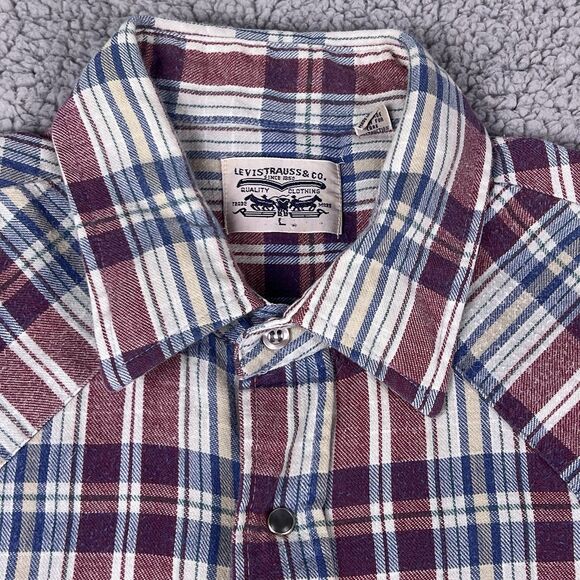 VTG 80s Levi's Pearl Snap Western Shirt Men’s L Plaid Long Sleeve Flannel Cotton - Picture 7 of 16